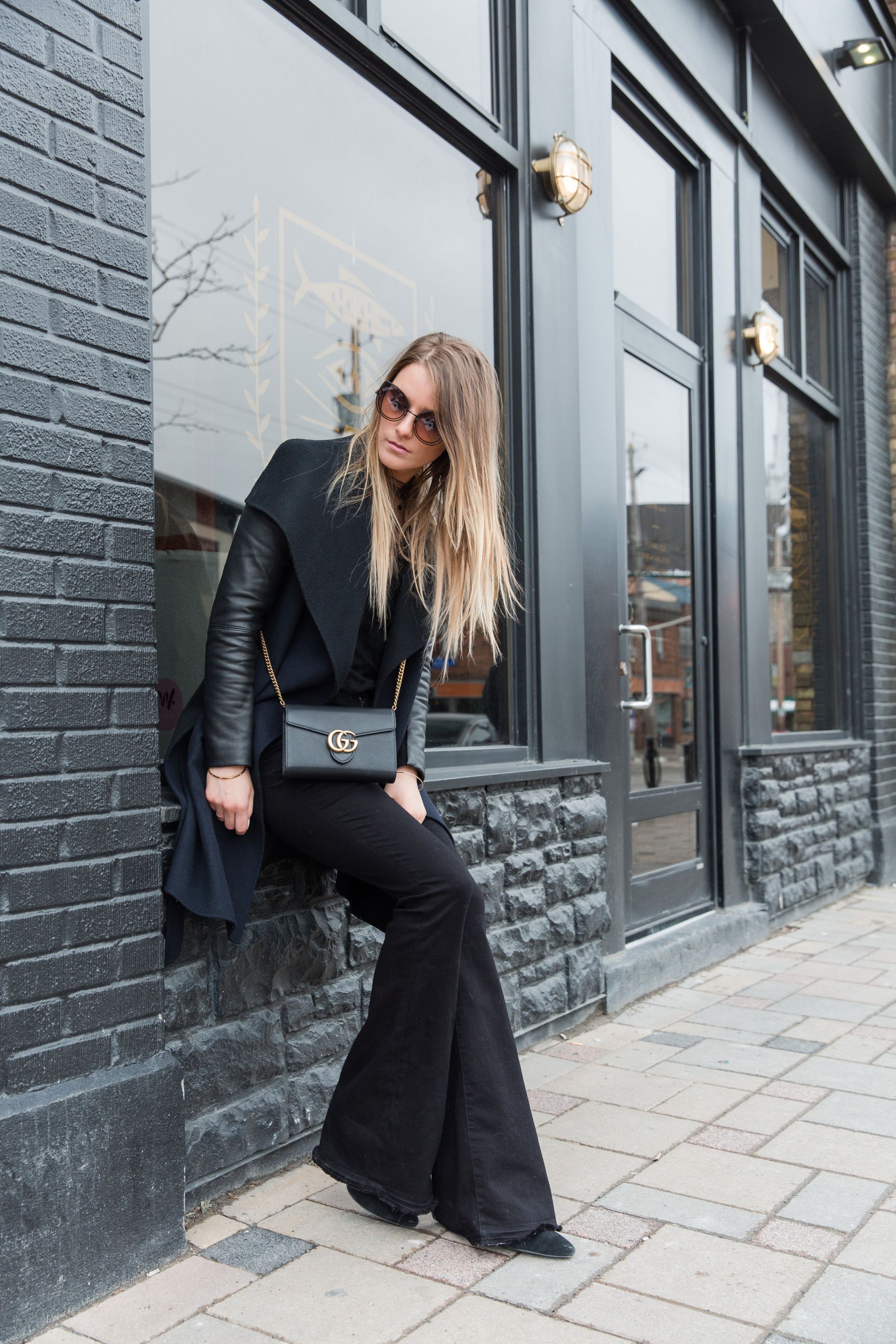 life with aco, flared pants, gucci bag, wool coat winter outfit