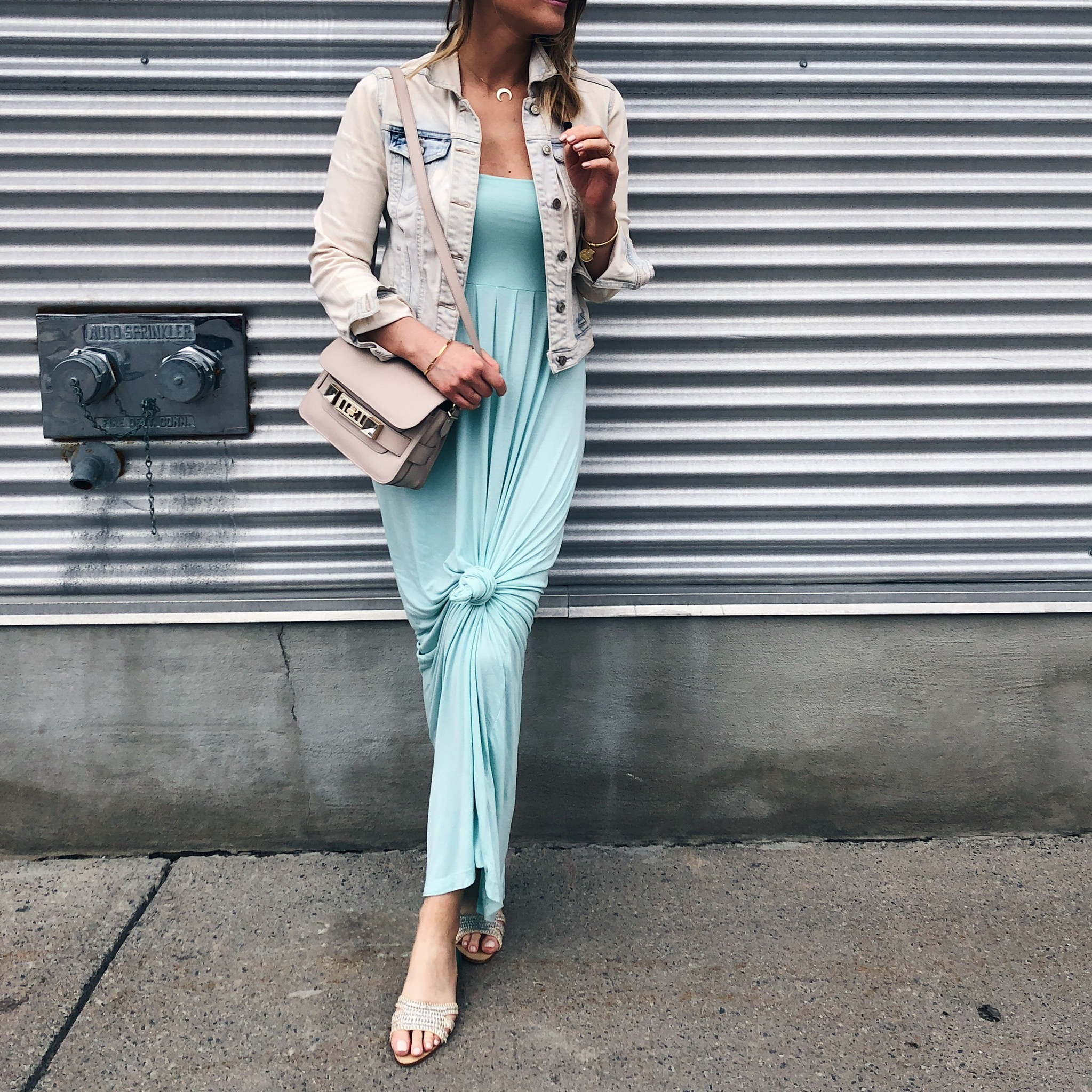 1 person, mint maxi dress and jeans jacket, flat slides