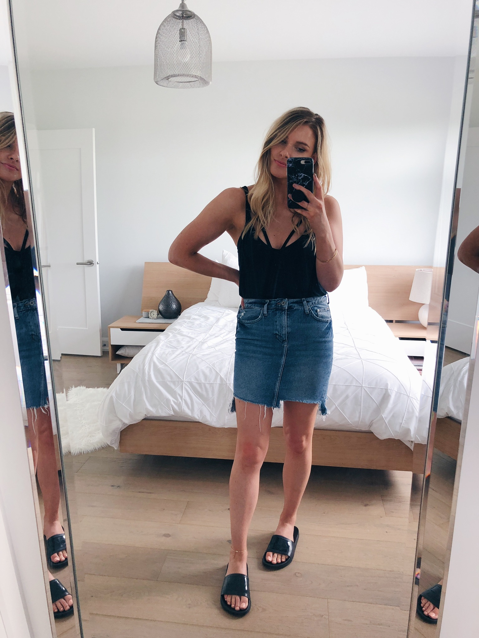 1 person, mirror selfie, girl wearing denim skirt