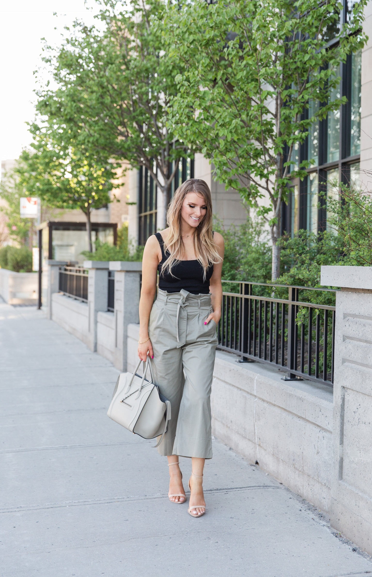 I person, walking down street, wearing culottes