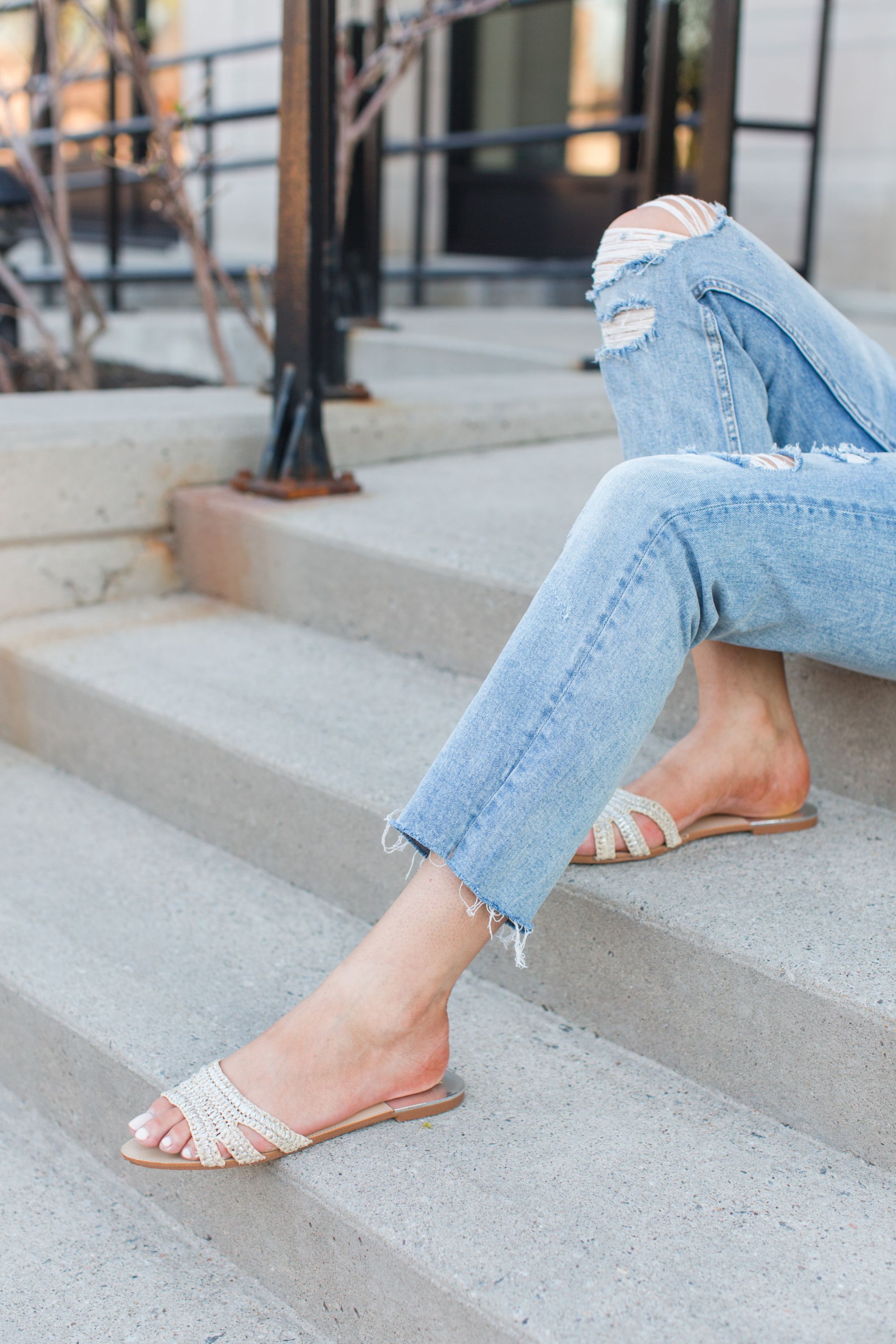 1 person, girlfriend distressed jeans and Zara slides